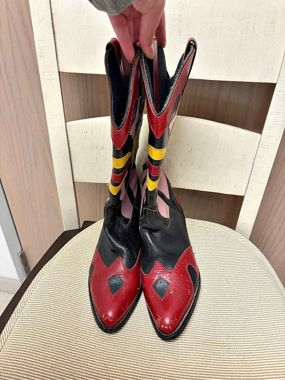 ACME Colorblock Embroidered Western Boots in Black & Red
